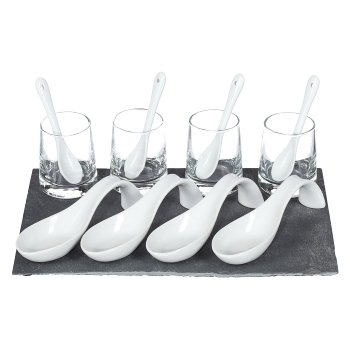 Schieferplatte + 4 Gläser/Löffel Dish Set, 20x30x7cm