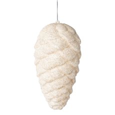 Plastic hanging cone glittered, 18cm, cream