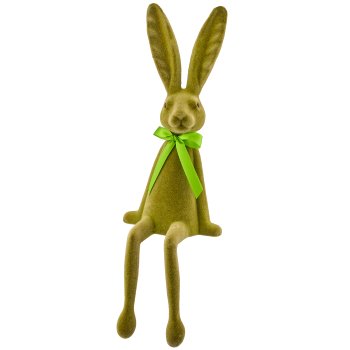 Decorative rabbit JEFFREY with satin bow, KH, flocked, 12x12x38cm, green