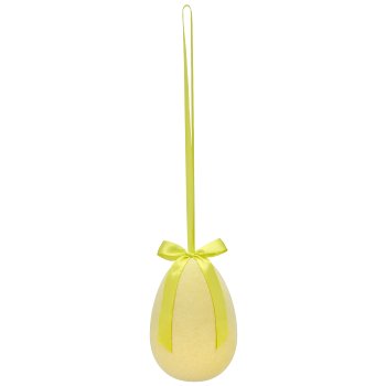 Decorative egg hanger with satin bow, flocked, 14x14x20cm, light yellow
