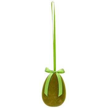 Decorative egg hanger with satin bow, flocked, 14x14x20cm, green